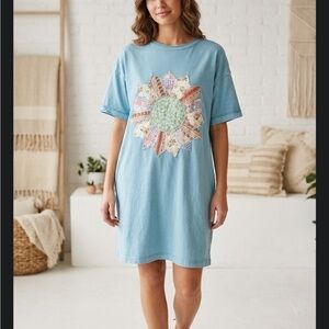 easel Light Blue Patchwork Sunburst Shift Dress NWT